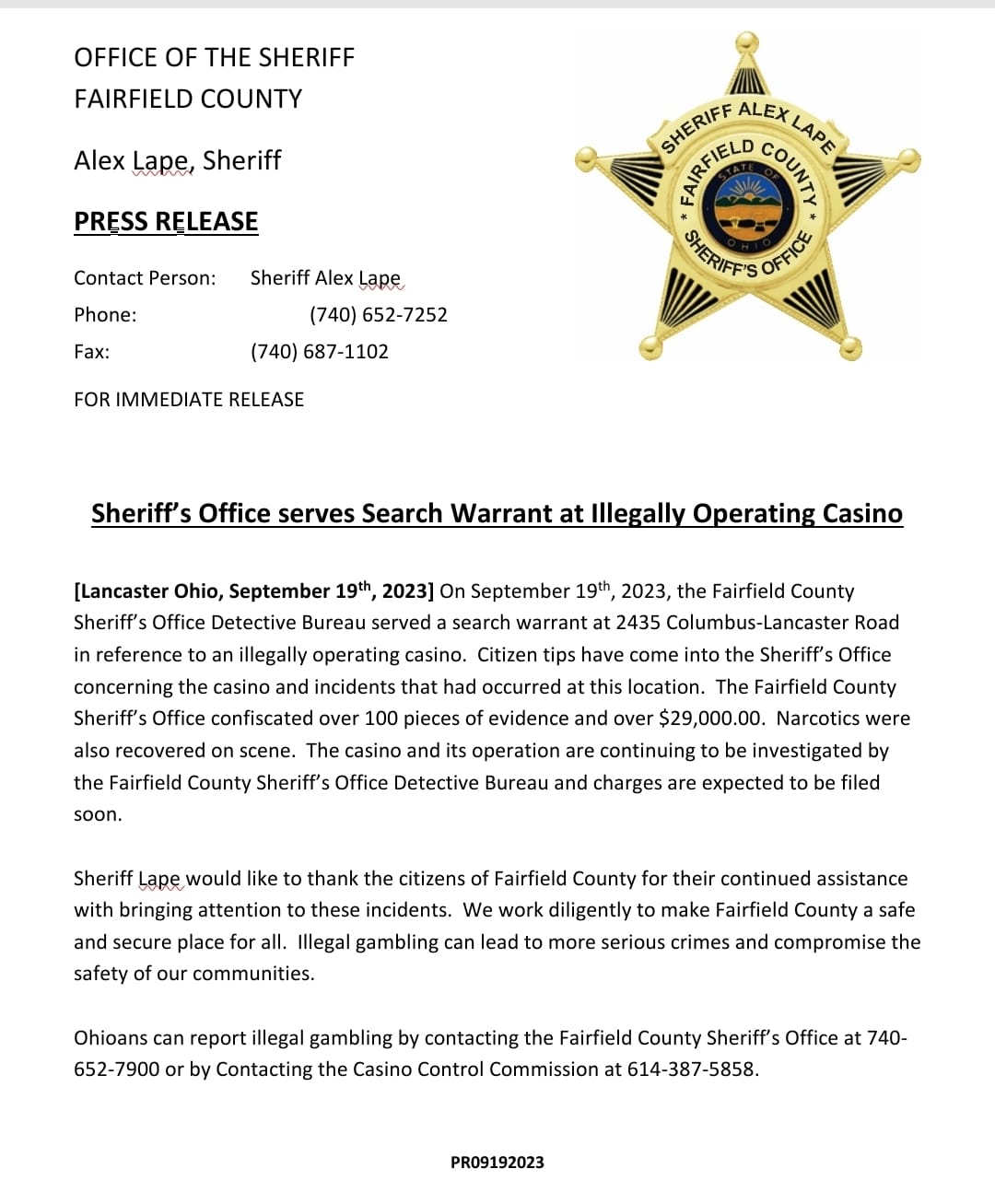 Sheriff's Press Release