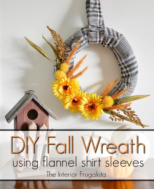 How to make an easy fall wreath with recycled flannel shirt sleeves and dollar store fall floral picks. Even the shirt collar is a wreath hanger! #fallwreathdiy #flannelcraft