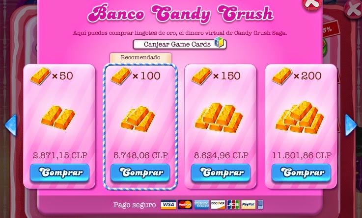 Venta oficial de lingotes de oro, el dinero virtual en el videojuego Candy Crush Saga