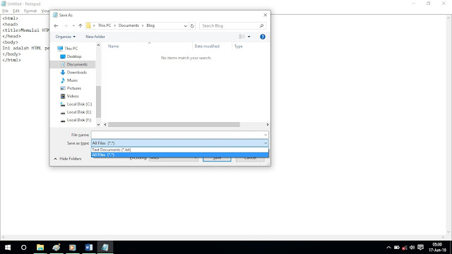 simpan notepad dengan extensi .html