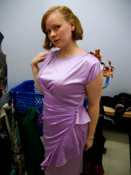 40's style purple, faux-wrap dress, thrift store find, Adventures in the Past Blog