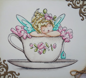 Clean layered card with fairy in teacup (image from Stamping Bella)