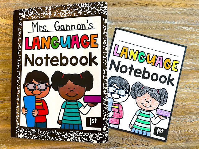 Grammar anchor charts and student language notebook for first grade.