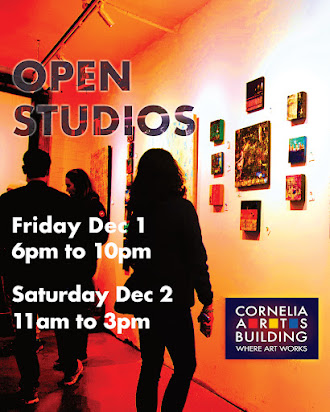A woman with several other people nearby is seen from behind as she views paintings on a wall in a warmly-lit art gallery setting. Overlaying that image is information about an art show: Open Studios Friday December 1 6pm to 10pm and Saturday December 2 11am to 3pm