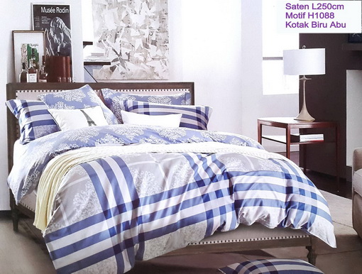 Sprei Katun Jepang Motif Kotak Biru Abu