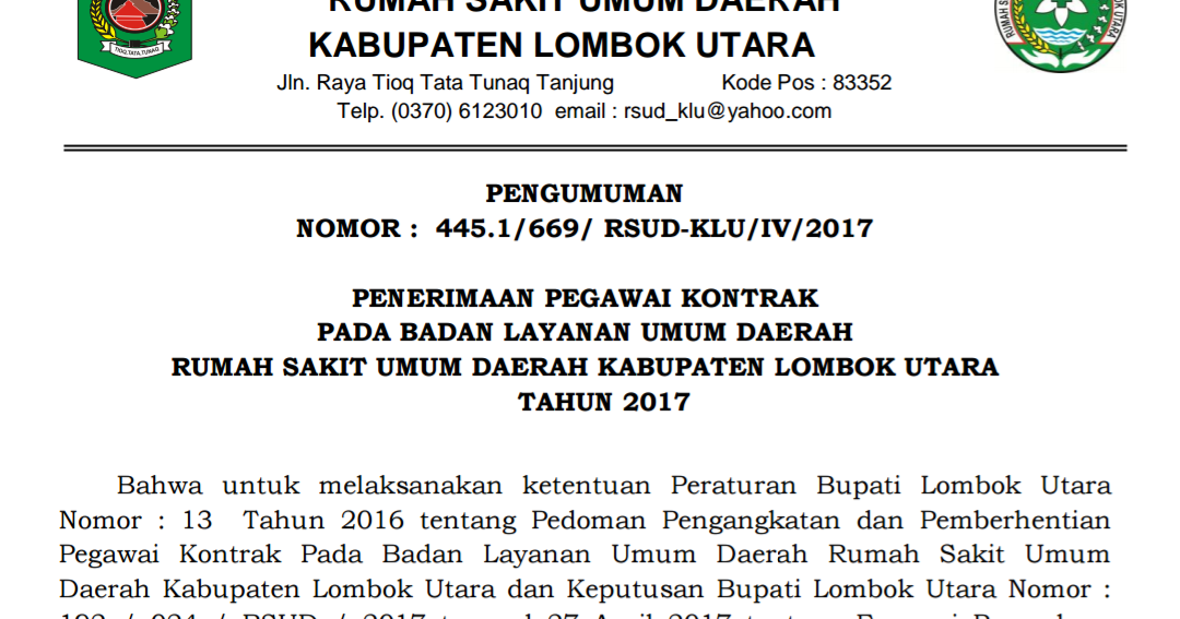 Lowongan Kerja Pegawai Kontrak di RSUD Kabupaten Lombok 