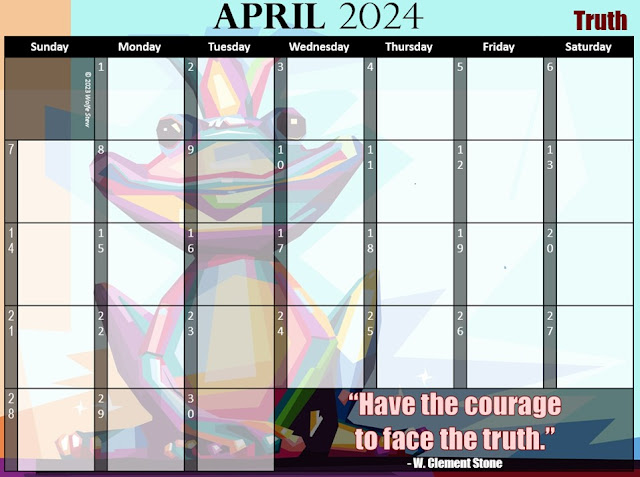 A colorful frog prince sets the background for this April 2024 truth-themed calendar..