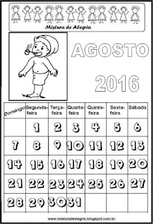 Calendário de 2016 - agosto