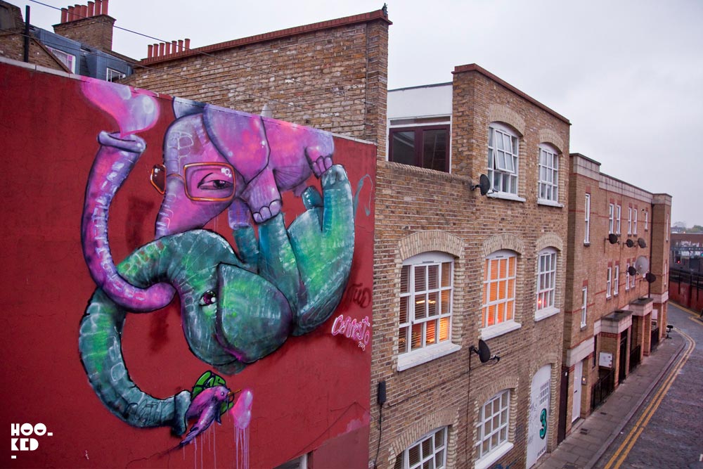 Hookedblog's Brick Lane Street Art Tour - Cernesto flying Elephants Mural