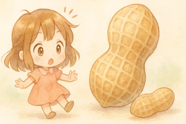 パステルカラーの水彩風イラスト。茶髪のかわいいちびキャラ女の子が巨大なピーナッツに驚いて後ずさっているシーン。背景は淡い色合いで柔らかな雰囲気。