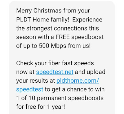 PLDT Fiber - temporary free speed boost of up to 500Mbps - second SMS variant