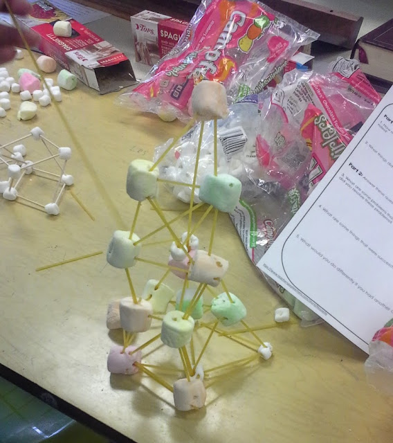 A small spiky tower made with broken spaghetti noodles and marshmallows