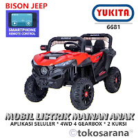 Mobil Listrik Mainan Anak Yukita 6681 Bison Jeep Aplikasi Seluler Motor 4 x 380 4WD Aki 12V7Ah Mode Ayun Pintu Bisa Dibuka 2 Kursi Battery-Powered Ride-On Car