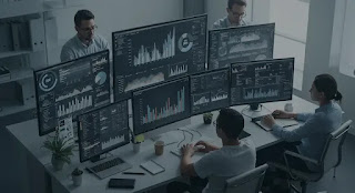 Close-up of a computer screen displaying data graphs, charts, and analysis tools