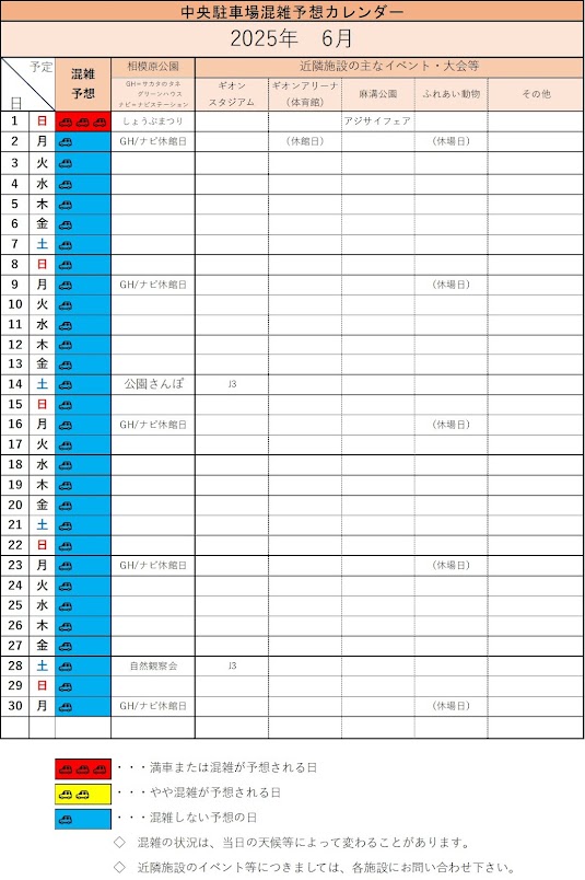 駐車場混雑予想カレンダー ２０２５年  6月・7月