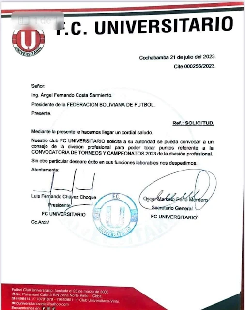 Carta de Universitario de Vinto