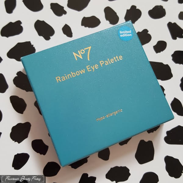 blue box with No7 Limited Edition Rainbow Eye Palette  written in gold