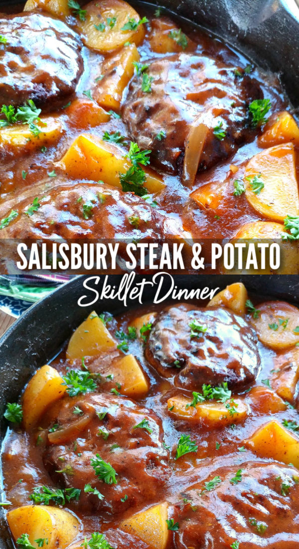Salisbury Steak & Potato Skillet Dinner! A one-pan recipe with tender hamburger steaks, potatoes and scratch-made gravy that cooks in just 30 minutes.