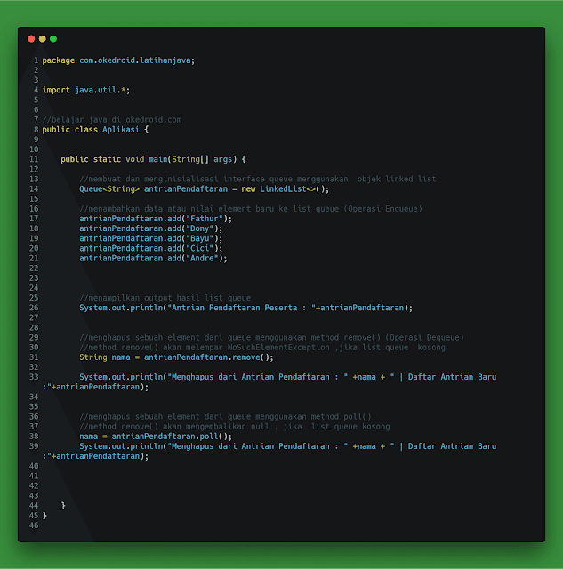 contoh code program sederhana linked list interface queue antrian di java