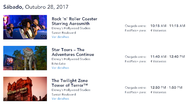 Confirmação de agendamento de fast pass no Hollywood Studios