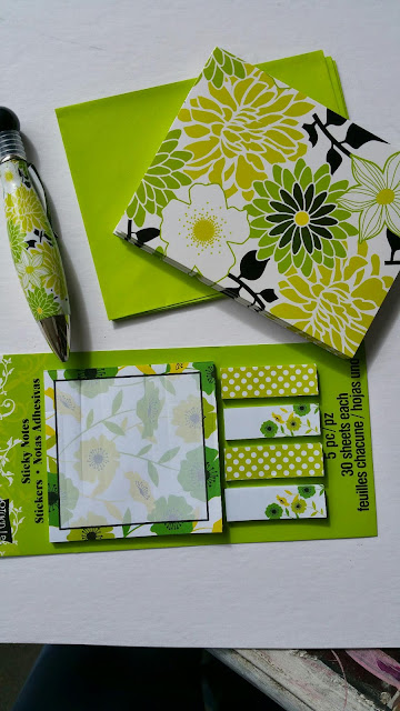 Michaels green yellow and black note card, pen and post it and flags