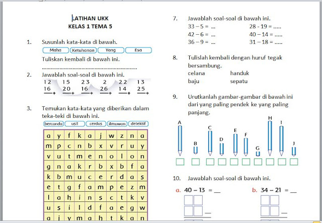 Soal PTS Semester 2 Kelas 1 Tema 5 SD/MI Kurikulum 2013.