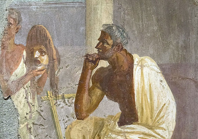 Ηθοποιός μελετά ένα προσωπείο σε τοιχογραφία οικίας. Πομπηία, μέσα 1ου αι. π.Χ.