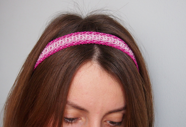 Pink macrame headband testing