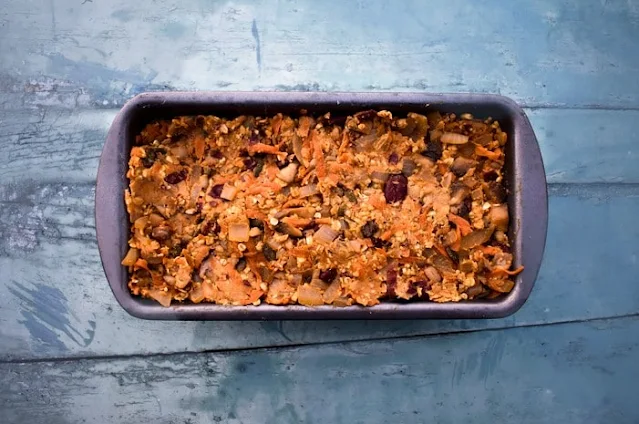 Making  Vegan Haggis Step 10 (haggis added to loaf tin)