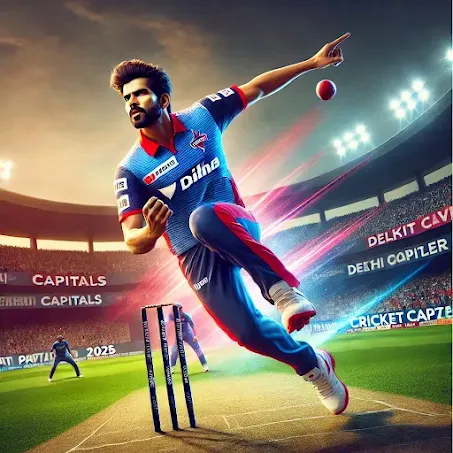 A dynamic 3D-rendered image of Mukesh Kumar, the Delhi Capitals fast bowler, delivering a fierce yorker. He is wearing the Delhi Capitals jersey, showcasing his intense focus and strong bowling action, emphasizing his death bowling and variations. The background features a vibrant cricket stadium with cheering fans. The website name 'cricketfever2025.blogspot.com' is subtly integrated into the scene."