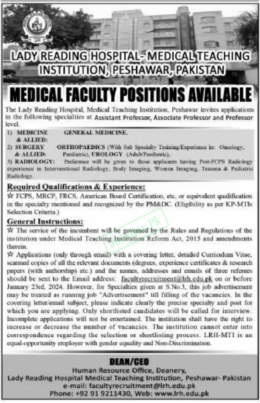 Lady Reading Hospital Peshawar Jobs 2024 Advertisement