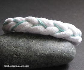 Mint Aqua Blue and White Upcycled Jersey Knit Fabric Woven Bracelet by Jezebellamina on Etsy