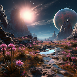 A non-terraformed alien planet, luminous plants, lively landscape