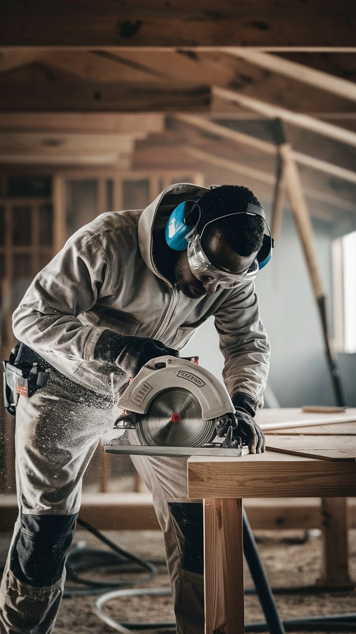A person cutting shiplap with a circular saw, wearing appropriate safety gear.