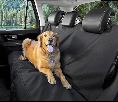 Happy dog sitting calmly on a padded car seat cover during a road trip