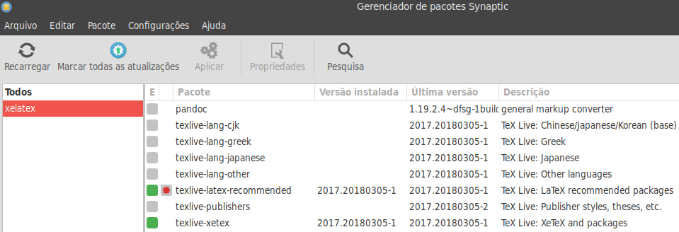 2º passo: instalar os pacotes para LaTeX e XeLateX