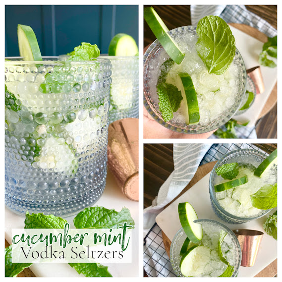 Collage of cucumber mint vodka seltzers on marble and wooden board.