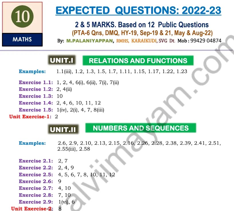 10th Maths Important Questions 2022-2023
