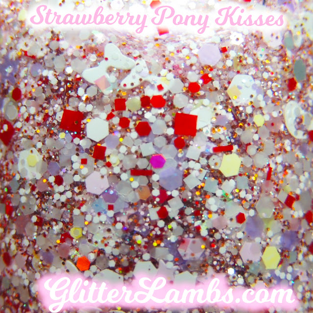 Glitter Lambs "Strawberry Pony Kisses" Nail Polish has an assorted mix of glitters of white opal iridescent hex, white bows, lavender stars, red and white hex, micro pink hex, micro iridescent glitters, pastel colored hex glitters in blues, yellows, and pink, Pink mini stars, white hearts, white leopard spot glitters, micro holographic burnt amber orange glitters.