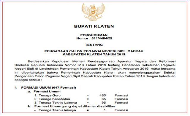 Formasi CPNS Kabupaten Klaten  Tahun 2019