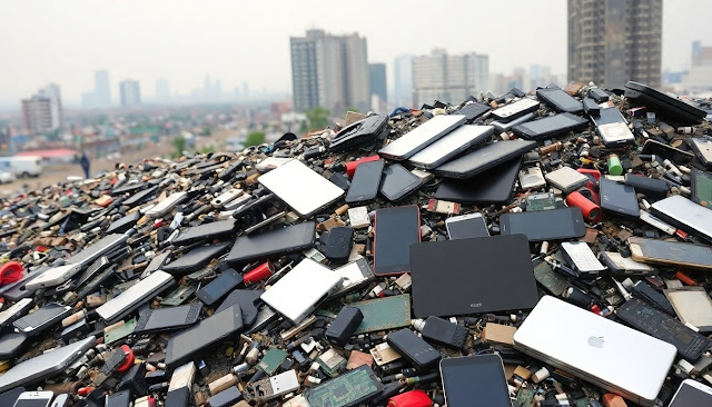 Discarded electronics piled up in a polluted urban setting.
