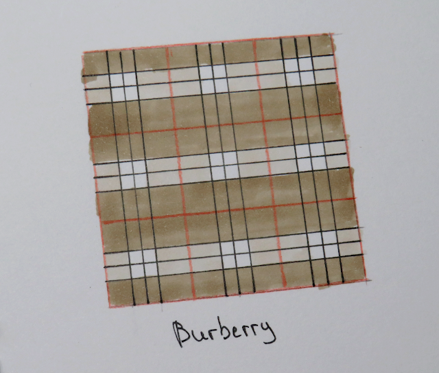 Se muestra el resultado final de cómo quedaría un estampado de cuadros Burberry dibujado en papel desde una perspectiva diferente