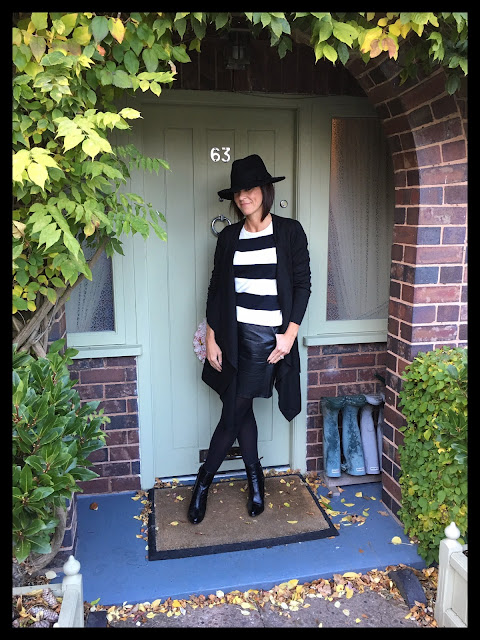 My Midlife Fashion, TU Clothing Fedora hat, stripe monochrome new neck jumper, zara a line faux leather skirt, zara block heel ankle boots, firefly alison cardigan