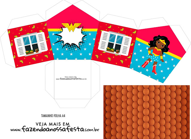 Wonder Woman Afro Free Printable House Shaped Box.