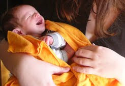 A tiny newborn wrapped in a saffron blanket, face pink & creased, mouth open, head tilted up to the top of the photo