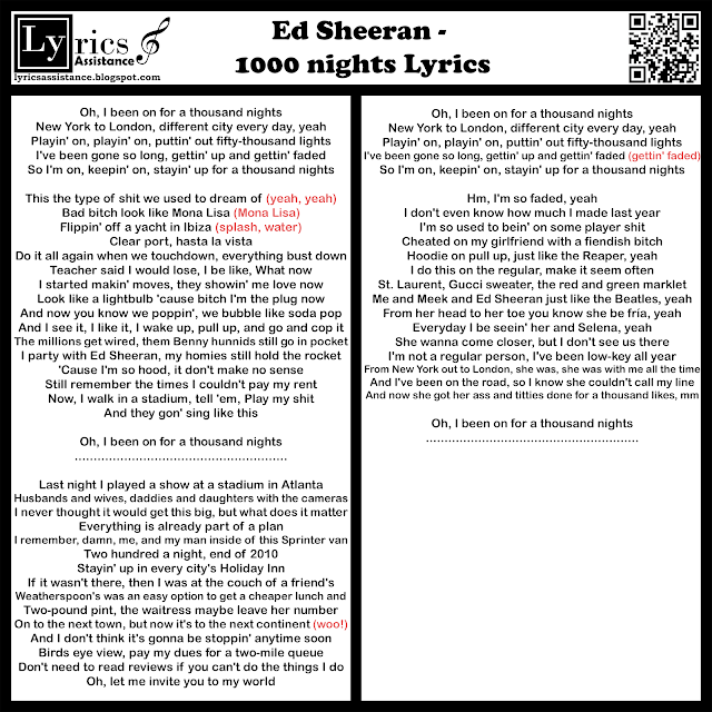 Ed Sheeran - 1000 nights Lyrics | lyricsassistance.blogspot.com