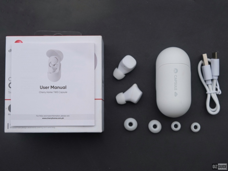 The device comes with earbuds, a charging case, three pairs of earcaps, and a Type-C to USB cable