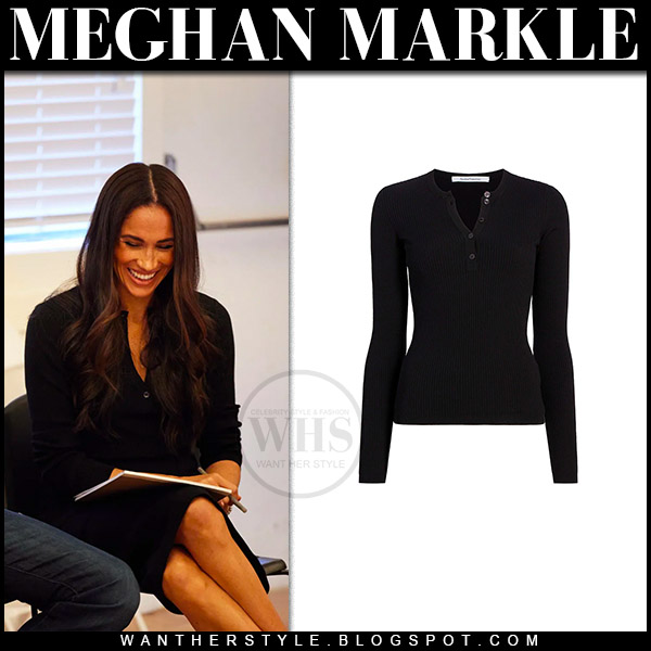 Meghan Markle in black top and black midi skirt