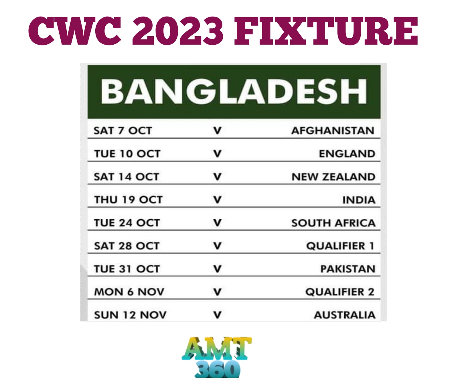 Bangladesh ODI World Cup 2023 Schedule