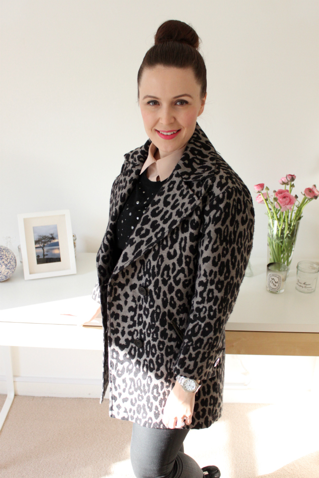 Outfit details Grey and black leopard pea coat Reiss pink silk shirt 